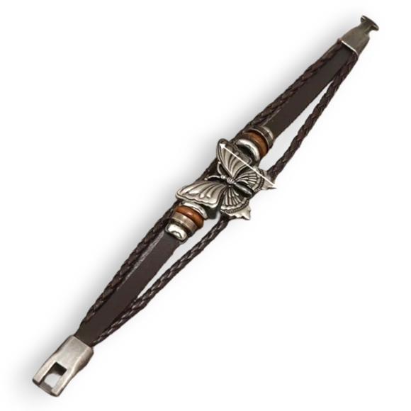 Retro Boho Brown PU Leather Braided Multi-layer Bracelet With Butterfly Charm - Picture 3 of 4